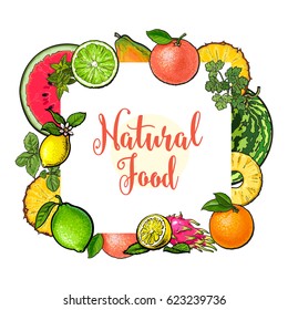 Square frame of tropical fruits with place for text, sketch vector illustration on white background. Hand drawn tropical, exotic fruits as square frame, label, banner template, decoration element