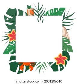 Square frame with tropical leaves, cocktail, crab and seashells. Background for invitations, promotions, sales and events. Vector illustration.