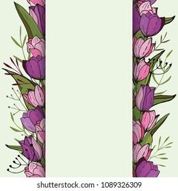 Square frame with tulips and herbs on white. Floral pattern for your wedding design, floral greeting cards, posters.