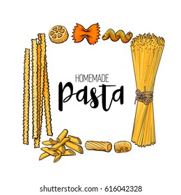 Square frame of uncooked Italian pasta with place for text, sketch vector illustration isolated on white background. Hand drawn square frame with penne, spaghetti, bow pasta and place for text