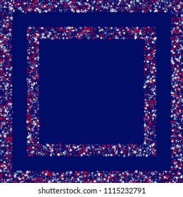 Square Frame of United States Holiday Stars Confetti. USA Festival Flyer Pattern Design. Liberty Patriotic Texture. Flyer, Cover Stars Background.