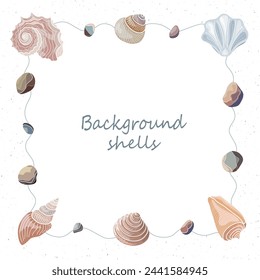 Square frame with a variety of seashells and pebbles.