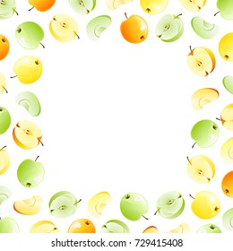 Square frame with various delicious green, yellow, orange, red apple isolated on white background