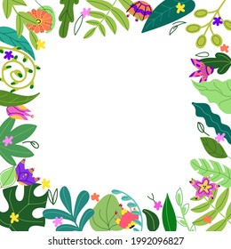 Square frame of various green leaves and bright tropical flowers.Summer floral border template, exotic multicolored background. Vector illustration.