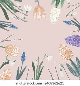 Square frame with various spring flowers and space for text. Floral background, doodle hand drawn style. Trendy modern vector illustration isolated on beige