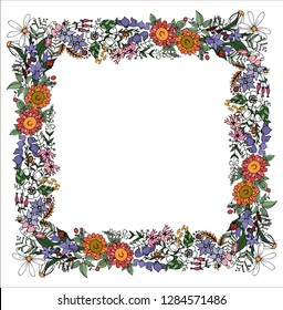 Square frame of various summer field flowers, vector illustration
