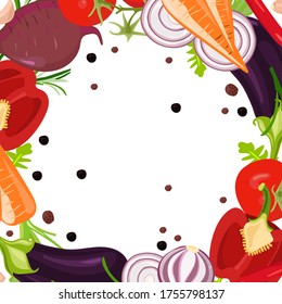 Square frame of various vegetables on a white background: peppers, eggplant, spices, eggplant, carrots, tomatoes. Vector drawing.