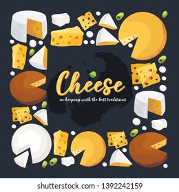 Square frame vector illustration decorated with differnet types of fresh and delicious cheese that can be used for different kinds of decorations. Cheese collection.