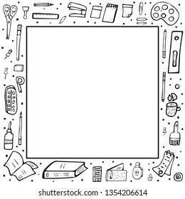 Square frame of vector office supplies. Collection of stationery in doodle style. 