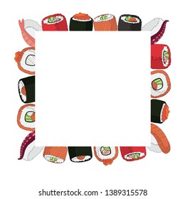 square frame of vector rolls and sushi. Flat-style illustration, concept for advertising Japanese fast food restaurants