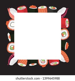 square frame of vector rolls and sushi. Flat-style illustration, concept for advertising Japanese fast food restaurants