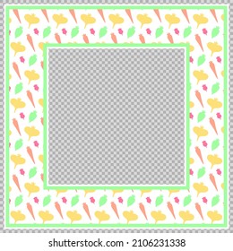 Square frame for vegan cafe menu design. Vegetable pattern. Flat vector illustration for the creation of blanks, price tags of the farmer's harvest fair. Silhouette of summer root crops for kitchen.