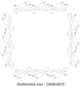 Square frame with vegetables 1. Isolated frame with eggplant, tomato, cucumber, squash and carrot on white background. Vector image.  