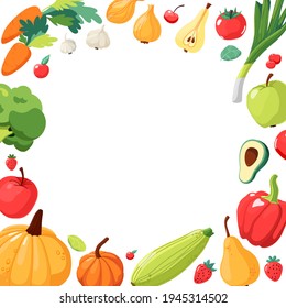 Square frame with vegetables, fruits and berries. Vector food illustration isolated on white background. Healthy eating.