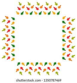 Square frame of vertical autumn  leaves. Isolated nature frame on white background for your design.
