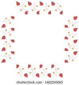 Square frame with vertical red leaves, decorative elements and little yellow leaves on white background. Isolated wreath for your design.
