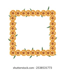 Square frame of vibrant marigold flowers, ideal for Dia de los Muertos decor, floral borders, or fall themes