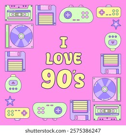 Square Frame Video Game and Music. Multicolored elements on pink background. Retro illustration with outline in 90s style. Isolated vector illustration.