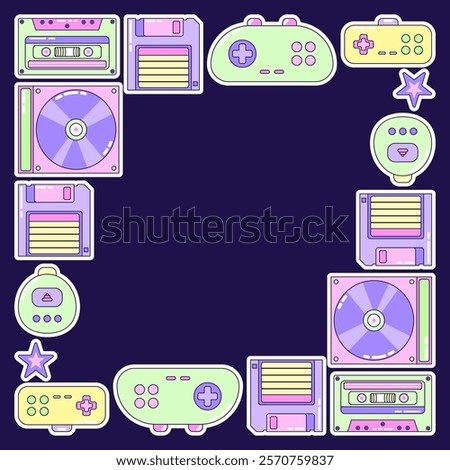 Square Frame Video Game and Music. Multicolored elements on dark background. Retro illustration with outline in 90s style. Isolated vector illustration.