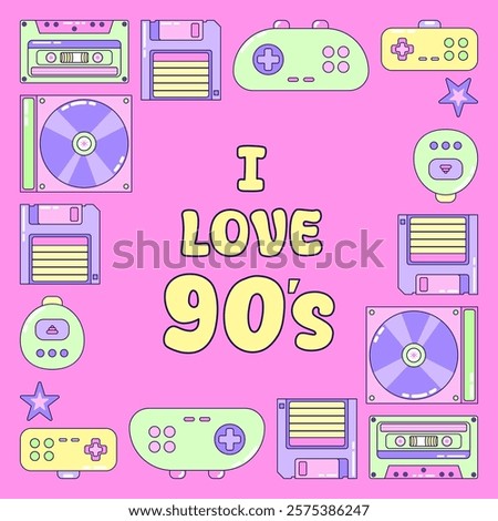 Square Frame Video Game and Music. Multicolored elements on pink background. Retro illustration with outline in 90s style. Isolated vector illustration.