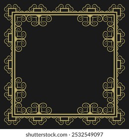 Square frame with vintage gold ornament on black background. Version 13. Vector illustration