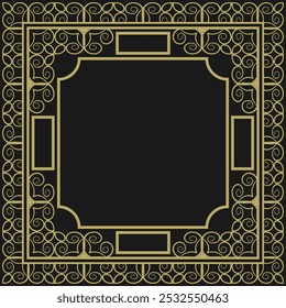 Square frame with vintage gold ornament on black background. Version 5. Vector illustration