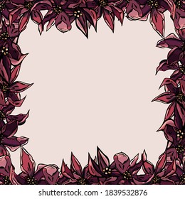 Square frame of violet clematis, pink background, banner, poster, invitation, postcard, card, party, flower shop, empty space, text space advertising, signboard, birthday, cartoon style, petals, cute