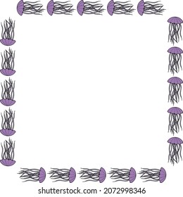 Square frame with violet jellyfish on white background. Vector image.