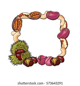 Square frame of walnut, coconut, cashew, kola, pine and Brazil nuts, sketch style vector illustration isolated on white background. Square frame of various nuts with place for text