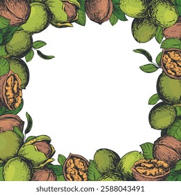 Square frame of walnuts with space for text. Vector illustration in color engraving technique. Walnuts whole and peeled kernels, leaves on white background. Design for nut paste, oil, liqueur.