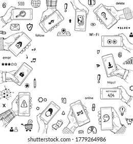 Square Frame Web Banner of Hand Drawn Doodle Human Hands Holding Smartphone and Social Media Icons. Vector illustration