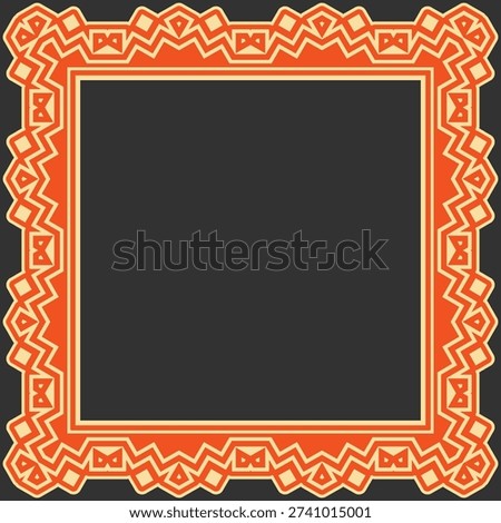 A square frame with a whimsical ornament. Beige and orange on black. Vector illustration