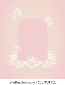Square frame with white chamomile flowers on a soft powdery background Wedding invitation blank for the inscription. Vector flowers in doodle style. Poster, postcard, banner.