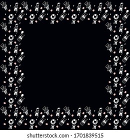 A square frame of white contour young tigers, lions, lynx holding balloons, cats with rosy cheeks, rhombuses, pink blots on a black background. Backdrop with place for text. Children's design. Vector.