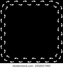 Square frame with white footprints on black background. Vector illustration. Footsteps border design, isolated.