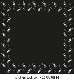 Ein quadratischer Rahmen mit weißen Linien von Kindern Jungen und Mädchen Kaninchen in gestreiften Overalls und Kleider mit Polka-Punkten und Karotten auf schwarzem Hintergrund. Skandinavischer Stil. Platz für Text. Vektorillustration