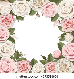 Square frame of white and pink blossom rose flowers. Vector template for greeting card, wedding or Valentine's day.