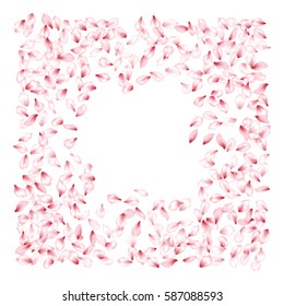 Square frame with white place for text and pink flower petal confetti border. Invitation template background or greeting card layout design for wedding, anniversary, spring holiday, woman's day