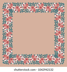 Square frame from wild charming flowers. Greeting card template. Design artwork for the poster, invitation, calendars. Place for text. 