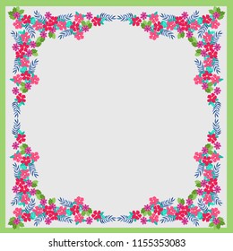 Square frame from wild charming flowers. Greeting card template. Design artwork for the poster, invitation, calendars. Place for text. 