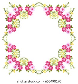 Square frame from wild charming flowers. Greeting card template. Design artwork for the poster, invitation, calendars. Place for text. 
