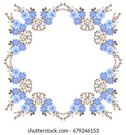 Square frame from wild charming flowers. Greeting card template. Design artwork for the poster, invitation, calendars. Place for text. 