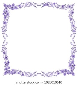 Square frame from wild charming ultra violet flowers. Greeting card template. Design artwork for the poster, invitation, calendars. Place for text. 