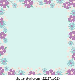 Square frame with wild flowers in pastel colors. Summer floral background