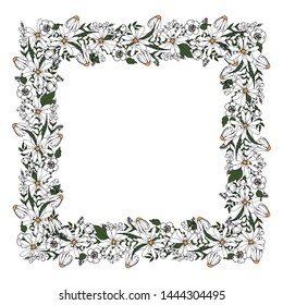 square frame of wild plants and flowers  in Doodle style  vector illustration