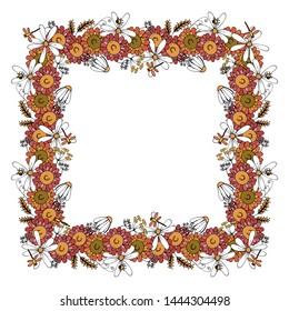 square frame of wild plants and flowers  in Doodle style  vector illustration