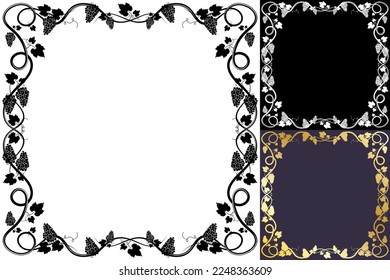 Square frame for wine or juice packaging. Bunch of grapes with leaves and tendrils. Autumn harvest. Advertising label with berry silhouette. Simple flat vector