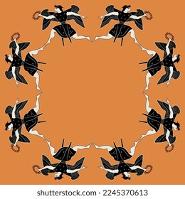 Square frame with winged ancient Greek goddess . Flying Victory holding laurel wreath. Vase painting style. On orange background.