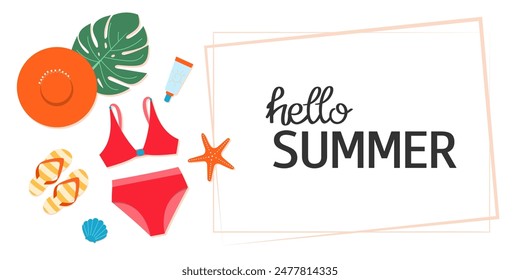 Square frame with women swimwear, hat, flip flop, spf cream, shell, starfish. Summer lettering. Decorative elements for greeting card, invitation, banner, sale, scrapbooking, advertising.