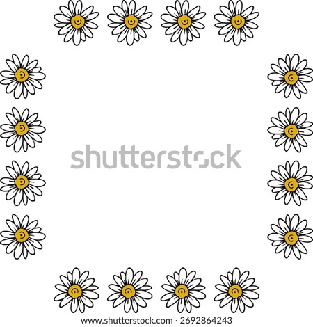 Square frame with wondrous chamomile on white background. Vector image.